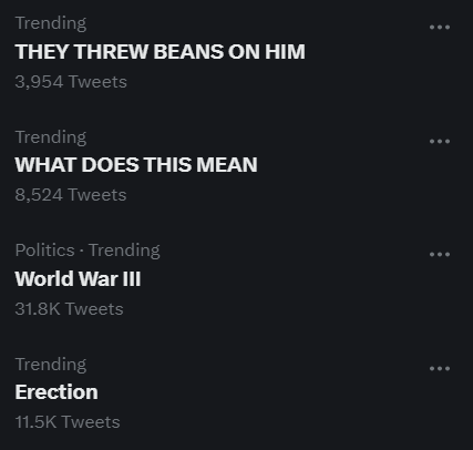Podnip_'s tweet photo. "THEY THREW BEANS ON HIM. WHAT DOES THIS MEAN???"

"WORLD WAR III ERECTION" https://t.co/weLHasEZUc