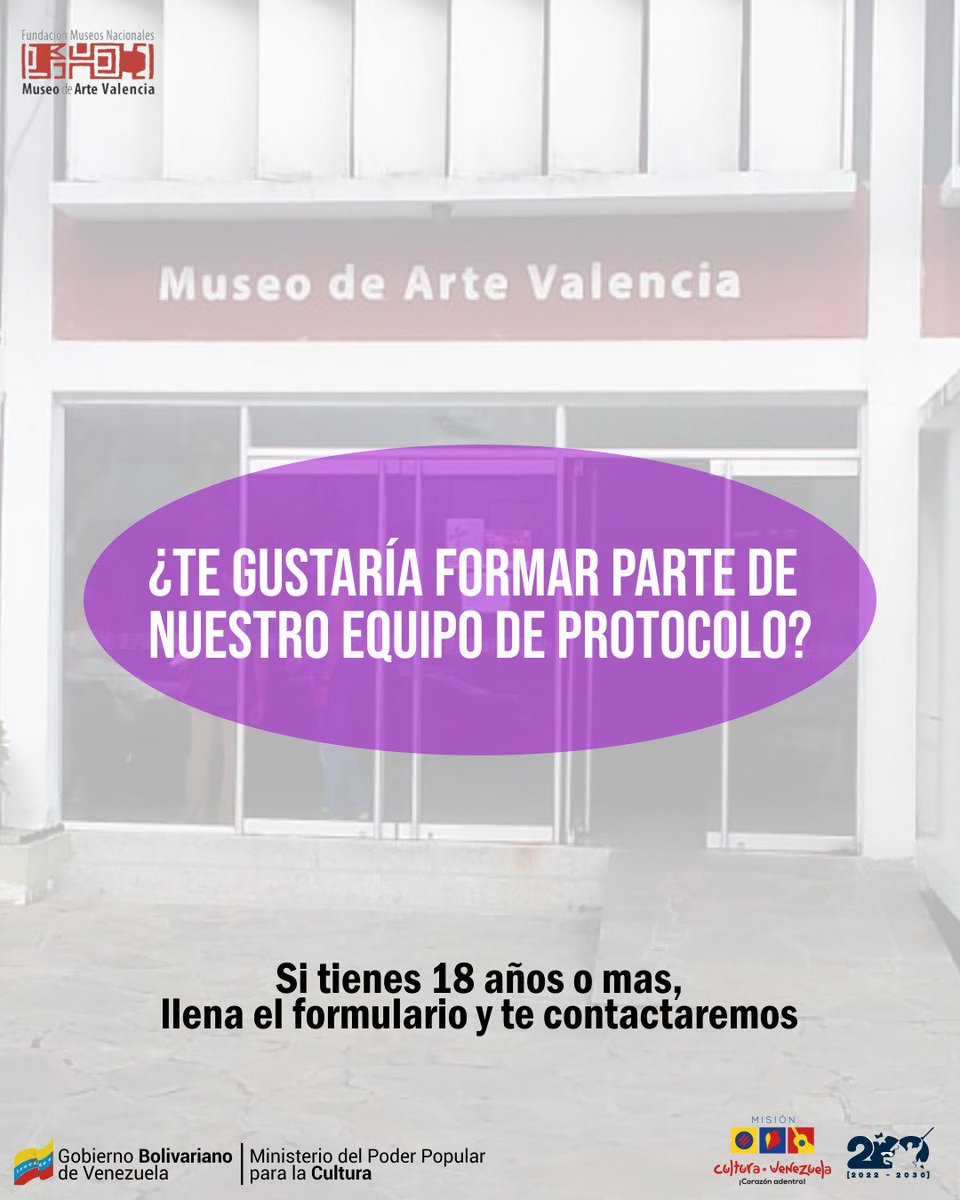 Te gustaría formar parte del Equipo de Protocolo para eventos especiales del Museo de Arte Valencia (MUVA)?

Si tienes 18 años o más, llena este formulario y te llamaremos:

forms.gle/8CKm4mQCeeJcpE…