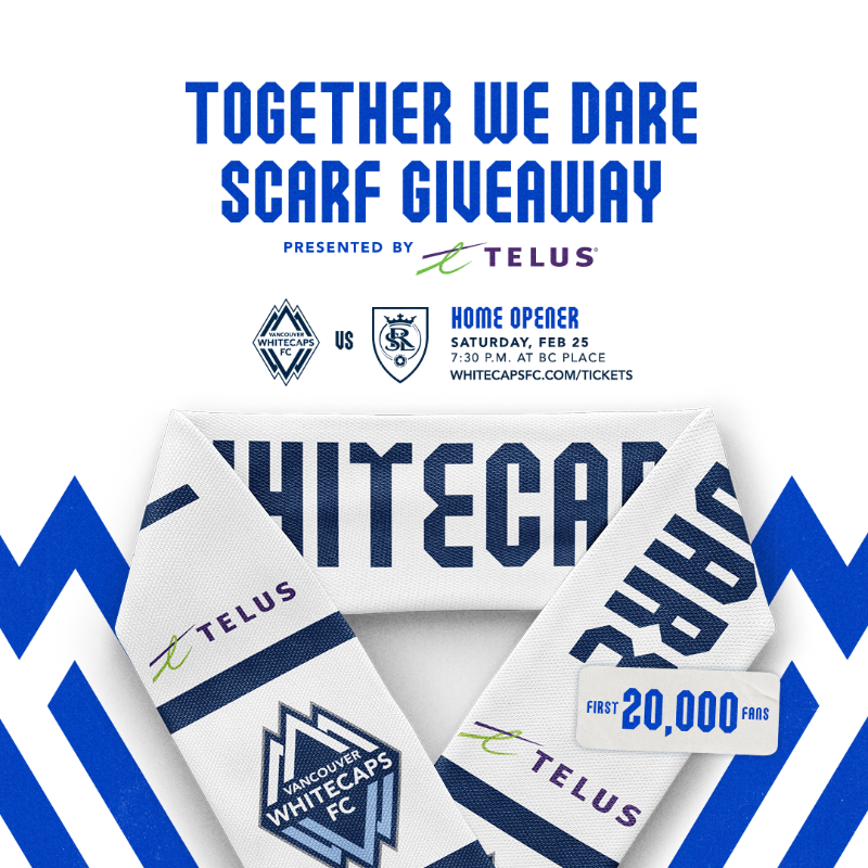WhitecapsFC's tweet photo. HOME OPENER GIVEAWAY 🎉

First 20,000 fans attending the 'Caps home opener at @BCPlace this Saturday will receive a FREE scarf courtesy of @Telus 🌊 

Don't miss out! Grab your tickets today 👊

#VWFC | #TogetherWeDare