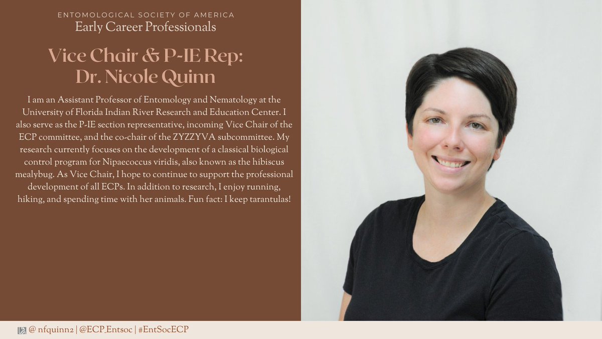 Meet the #EntSocECP Vice Chair and <a href="/PIE_Entsoc/">P-IE ESA</a> ECP Rep, Dr. Nicole Quinn (<a href="/nfquinn2/">Dr. Nicole F. Quinn</a>)! Nicole is an Asst Prof of Entomology and Nematology <a href="/UFEntNem/">UF/IFAS Entomology & Nematology</a> <a href="/UFIFAS_IRREC/">UFIFAS_IndianRiverREC</a> , where she studies classical biological control of the hibiscus mealybug. 🌺