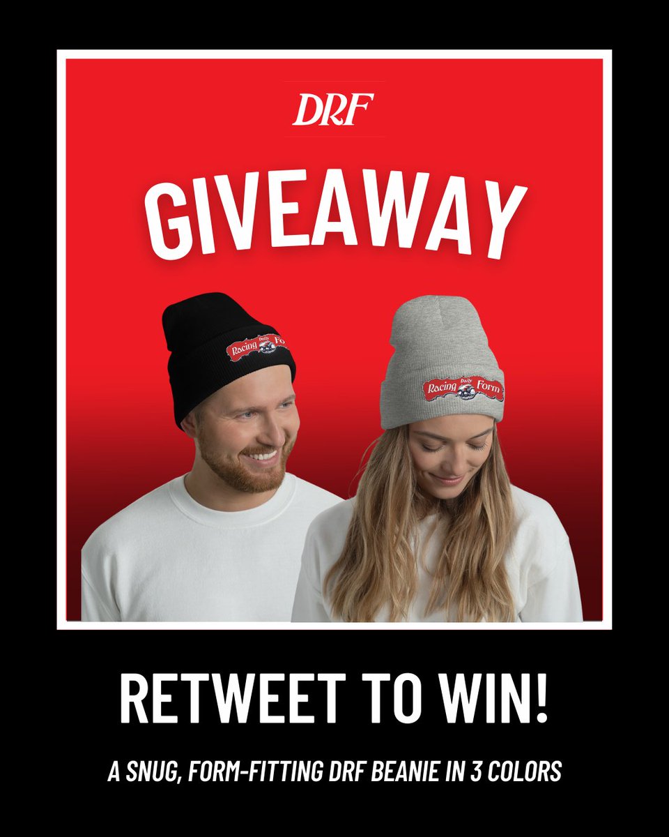 DailyRacingForm's tweet photo. 🚨 GIVEAWAY TIME 🚨 

Retweet to win one of our exclusive #DRF beanies! Three random winners will be selected on 2/28/23. https://t.co/f49ZbrNxwl