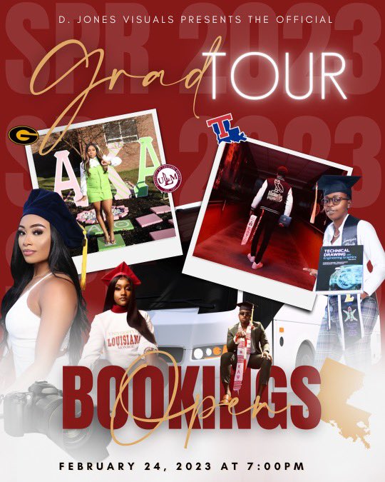 D. Jones Visuals presents the official Grad Tour for Spring 2023. I will be servicing all surrounding universities &amp; local high schools.

Bookings will open on Friday February 24th at 7:00PM CST. djonesvisuals.com

Flyer made by: @NHeiressAndCo . 🐐