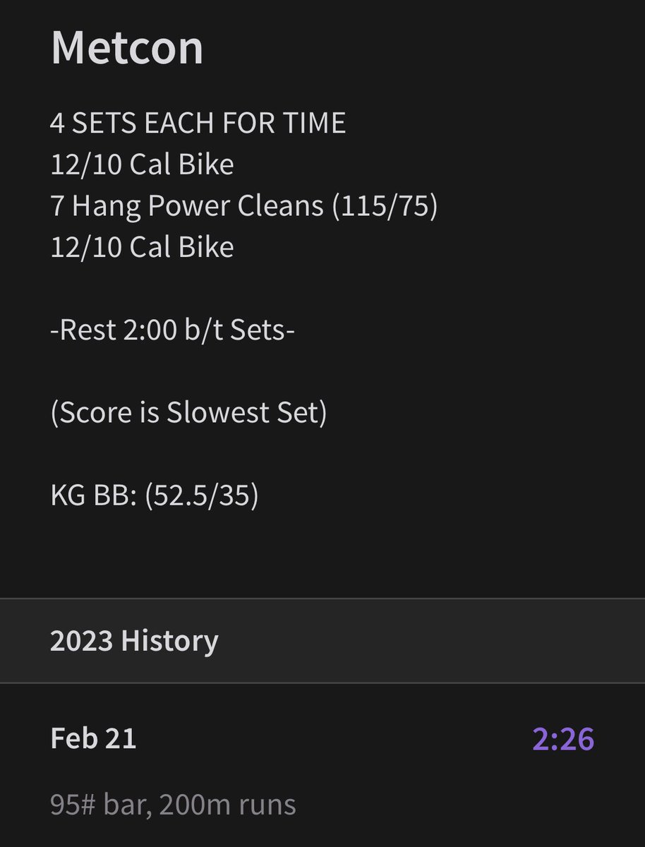 JamesNewlin71's tweet photo. Probably should have bumped weight but still recovering from three 23.1’s. Was nice to get out and run over the death bike 😂 200m = 12 cals https://t.co/opsJ0hHVze