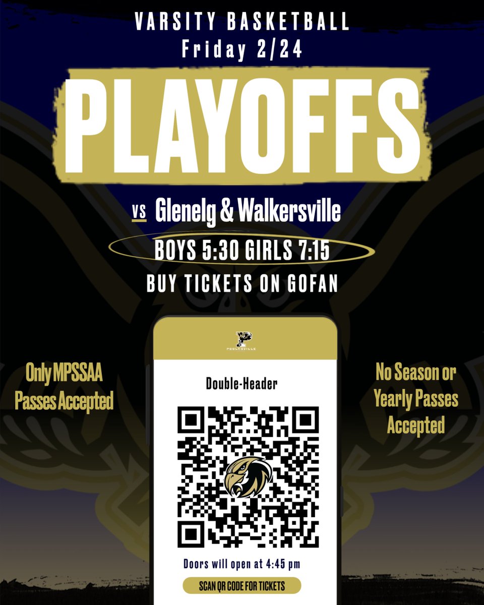Basketball playoff schedule is out. 

Both Boys and Girls will play Friday night 2/24 home. 

The fun begins at 5:30pm. PHS Grille team will be on hand again cooking up some delicious food. 

Get your ticket now through <a href="/gofan/">go fun</a>--only MPSSAA passses 

<a href="/mrcarothers/">Matt Carothers</a>
<a href="/phsathletics/">PHS Athletics</a>