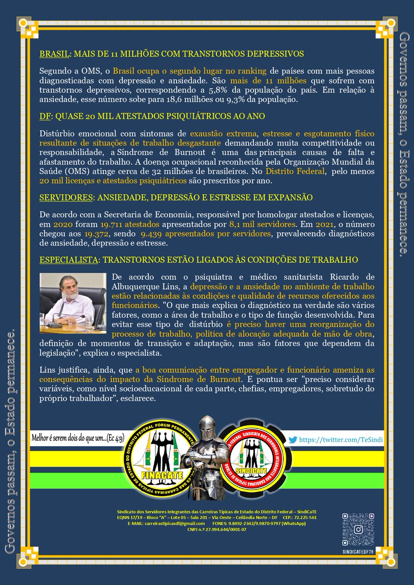 TeSindi's tweet photo. BURNOUT: BRASÍLIA É A CAPITAL NACIONAL 

De acordo com a Sec. de Economia (atual SEPLAD),  em 2021 o número de atestados chegou aos 19.372, sendo  9.439 apresentados por servidores, prevalecendo diagnósticos de ansiedade, depressão e estresse. https://t.co/N2M11ElDp4