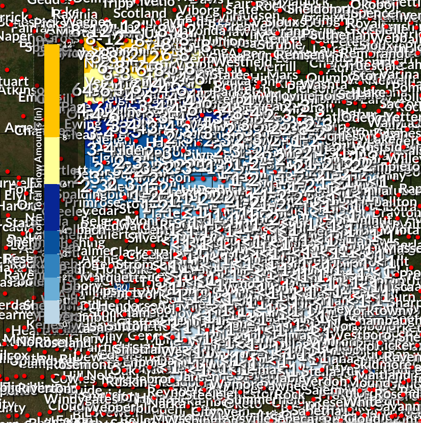 NWSOmaha's tweet image. One of the most common questions we get on snowfall posts is &quot;how much for [my city].&quot;

So no one feels left out, we went ahead and included every city on this map.

But for real, check out weather.gov/forecastpoints to get a forecast for your location.