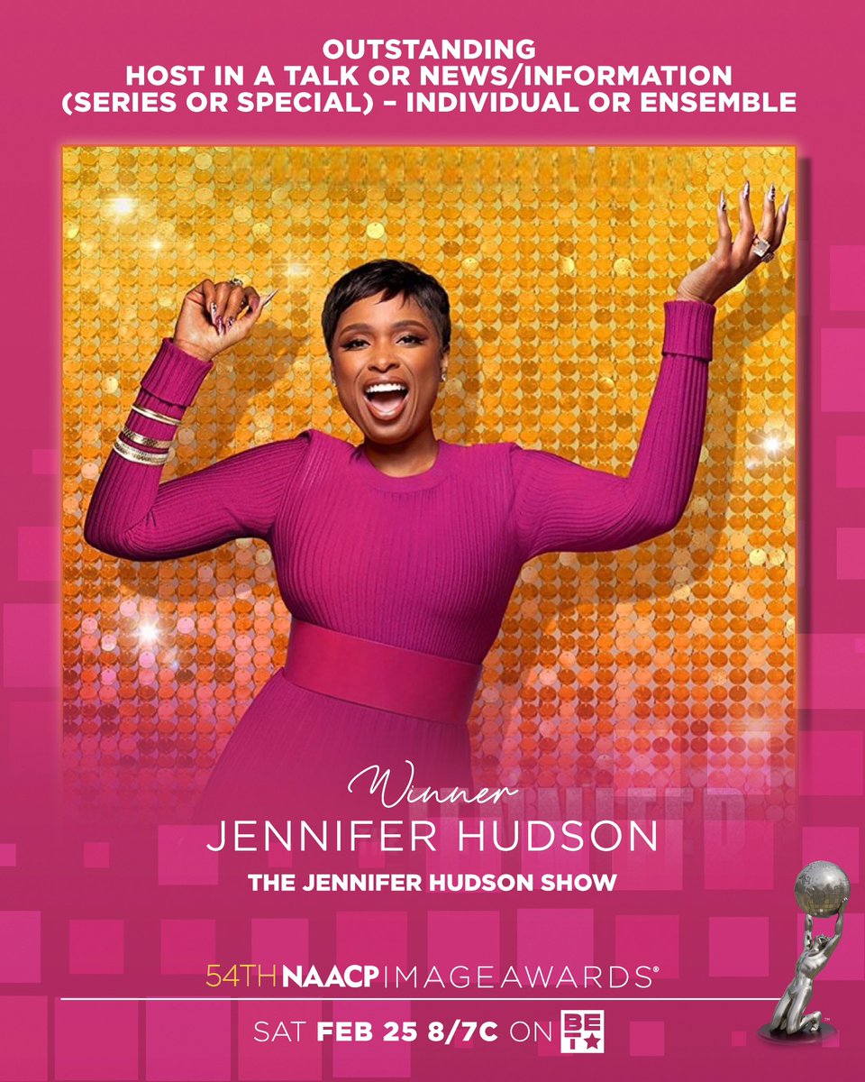 naacpimageaward's tweet photo. Congratulations to @IAMJHUD 🎉
Outstanding Host in a Talk or News/Information (Series or Special) – Individual or Ensemble for #TheJenniferHudsonShow. 
54th #NAACPImageAwards 🏆 https://t.co/rMmdxIG8rf