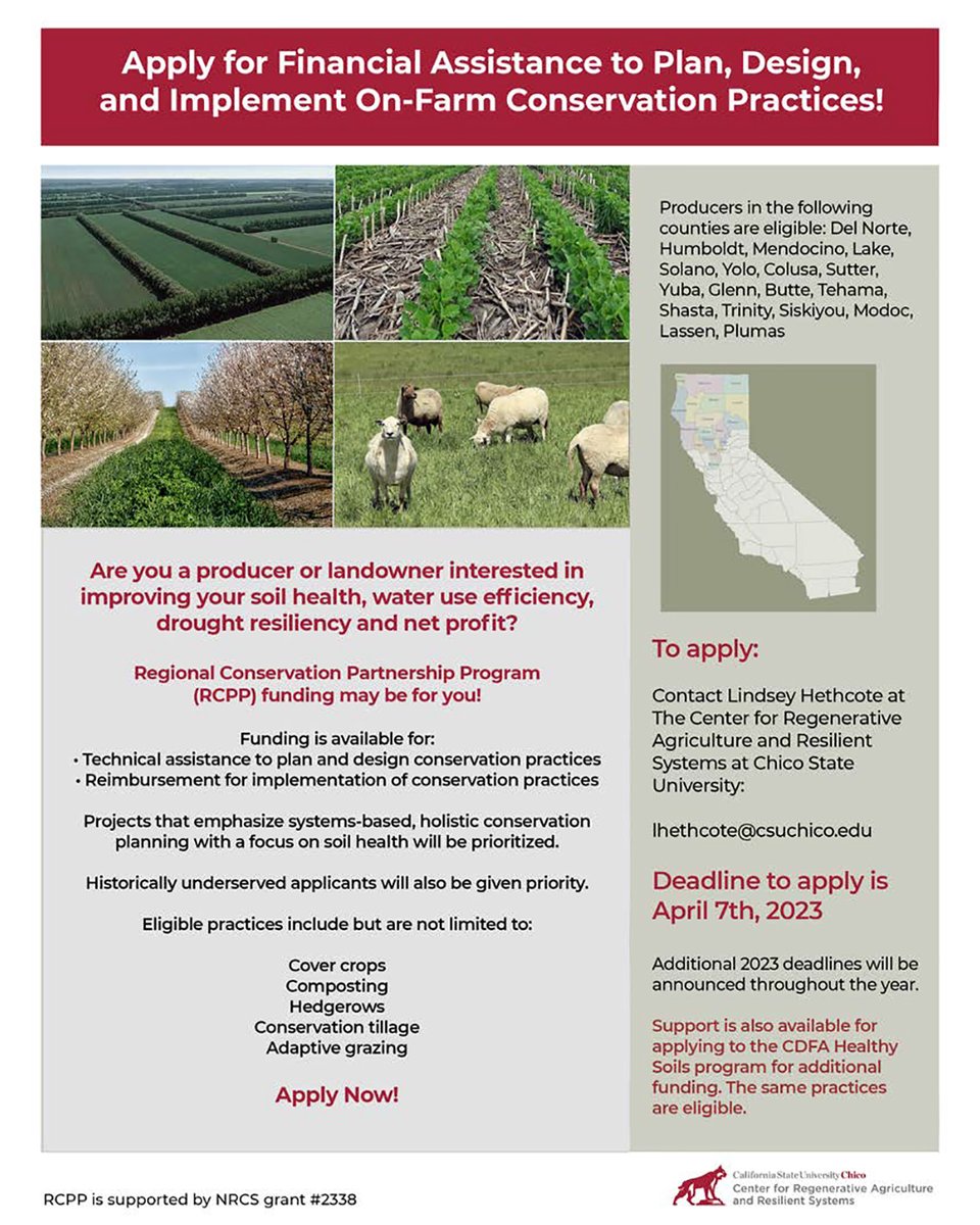 Are you a Northern California farmer or rancher wanting to add conservation practices to your property? Apply for RCCP funding by April 7th by contacting Lindsey Hethcote at lhethcote@csuchico.edu.

#CRARS #NRCS #RCCP #regenerativeagriculture #climatesmartag