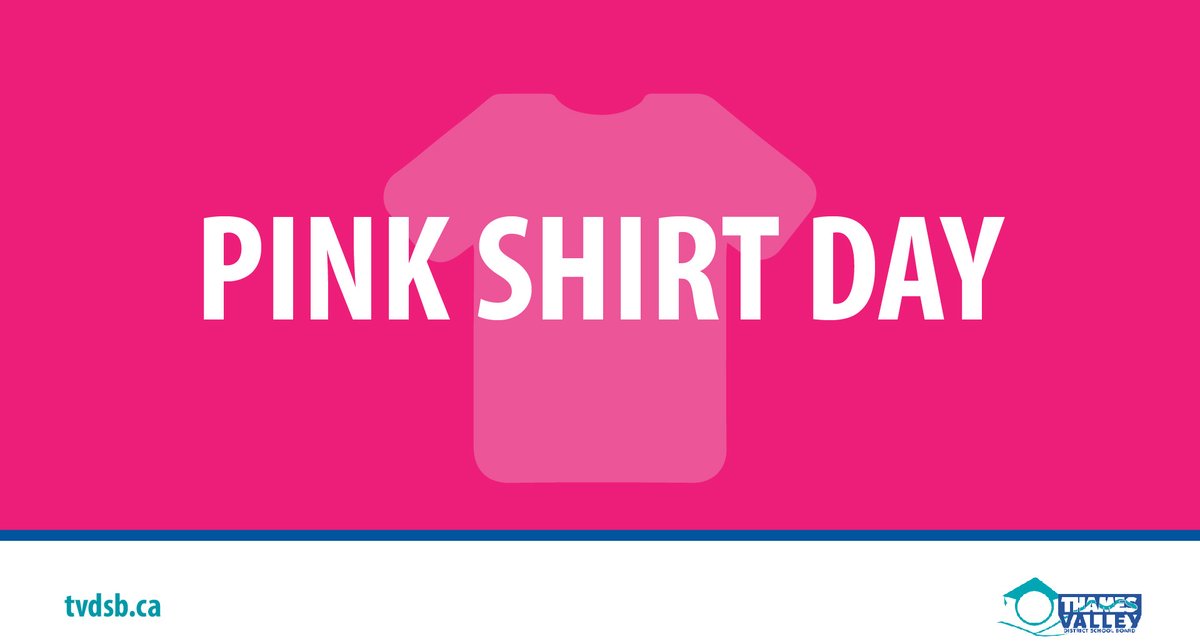 Tomorrow is #PinkShirtDay!
#TVDSB encourages students, staff and families to wear pink tomorrow to help raise awareness and stand up against bullying. Tag <a href="/TVDSB/">Thames Valley DSB</a> or use #TVDSBkind to share your pics!