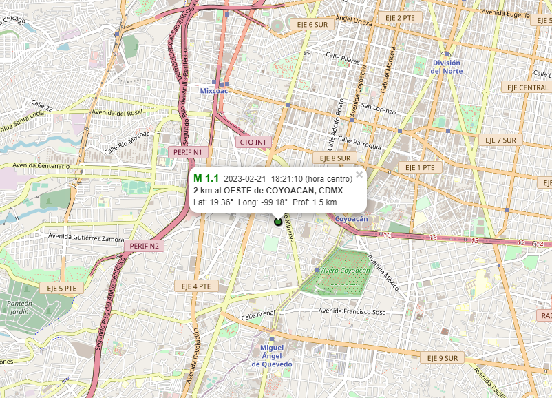 SkyAlertMx's tweet photo. El cuarto sismo en CDMX fue de magnitud 1.1 (18:21 h) con epicentro al noroeste de Viveros de Coyoacán.

A pesar de ser sismos de muy baja magnitud, al tener focos muy superficiales son percibidos fuertes cerca del origen.

Estos sismos no se alertan.

#SismoCDMX https://t.co/46hzCGtvKV