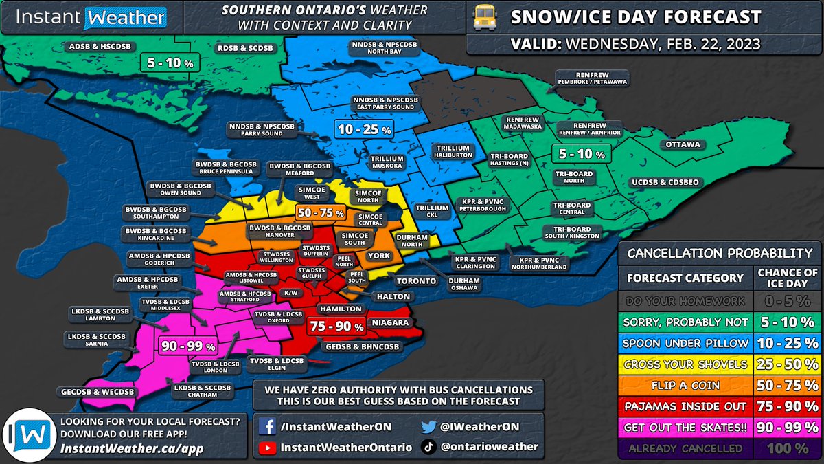 IWeatherON's tweet image. #ONStorm #ONwx Here is your 'Snow/Ice Day' (School Bus Cancellation) Forecast for Wednesday, February 22, 2023.

Click here to view the forecast: instantweather.ca/snow-day

P.S. Working on our snowfall and ice forecast and should have it posted very shorty!
