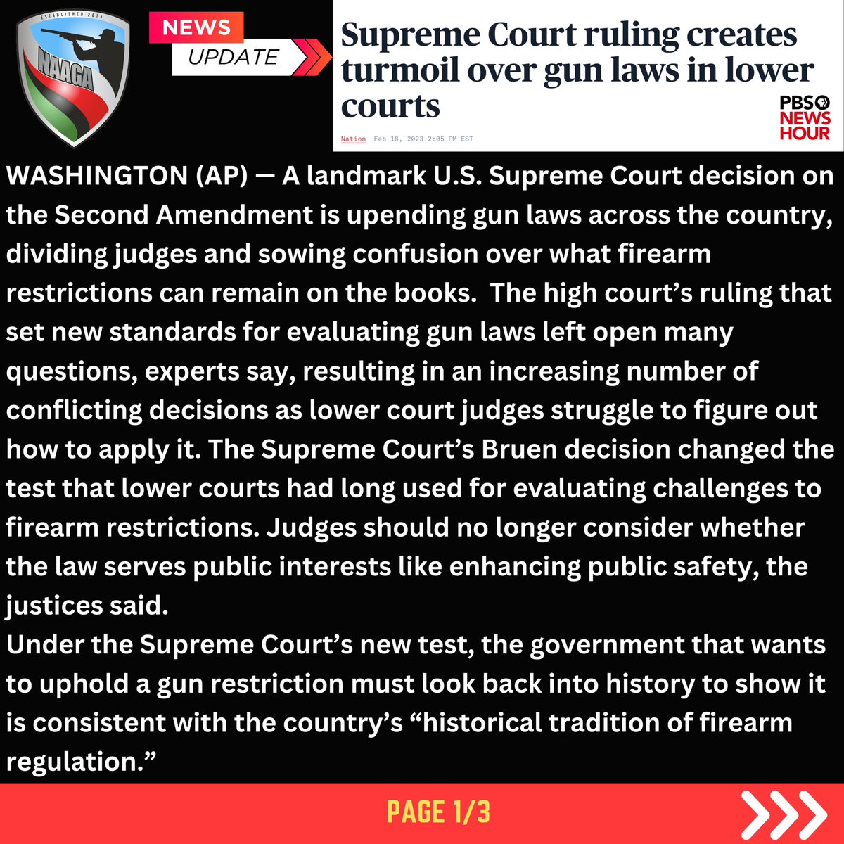 naaganational's tweet photo. The SCOTUS #bruendecision is causing a bit of conflict in the Federal Courts across the nation. Comment below with how this is affecting your state. #firearmlaws #scotus #naaganation https://t.co/pZK7pDsSBL