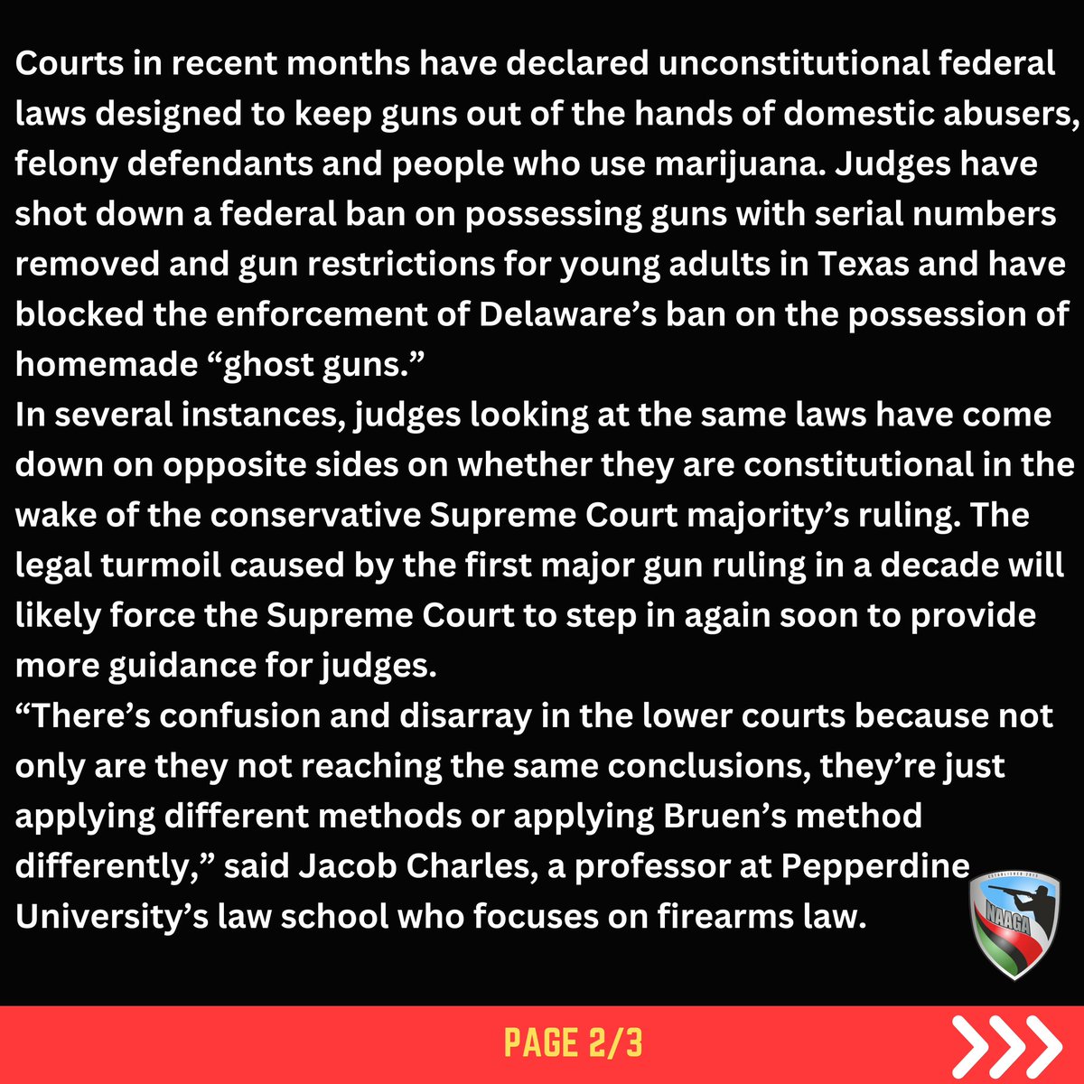 naaganational's tweet photo. The SCOTUS #bruendecision is causing a bit of conflict in the Federal Courts across the nation. Comment below with how this is affecting your state. #firearmlaws #scotus #naaganation https://t.co/pZK7pDsSBL