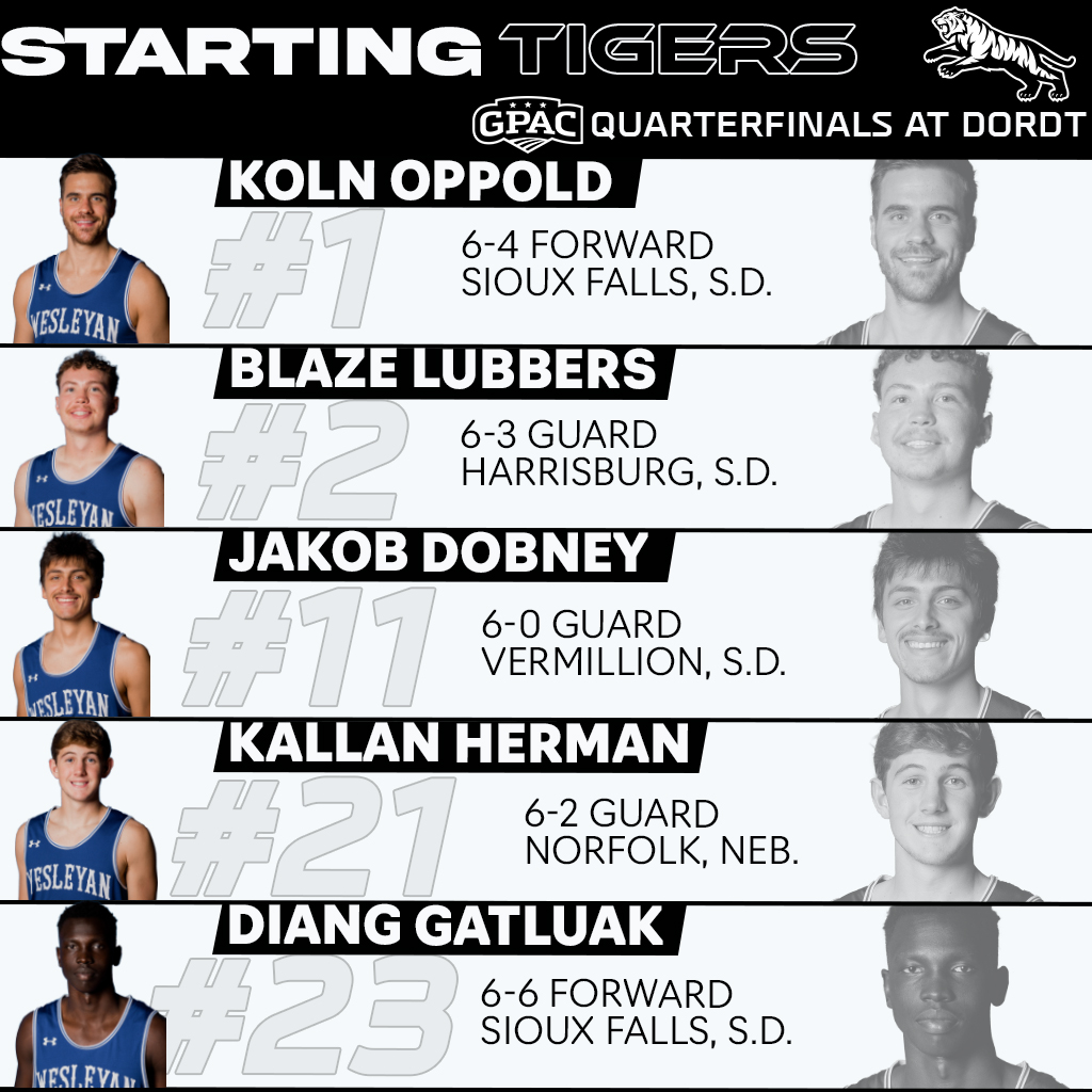 dwtigers's tweet photo. Your @DWUMensHoops starters for the @GPACSports Quarterfinal battle against the Defenders in Sioux Center, Iowa!
Tip-off minutes away!
#BleedBlue | #GPACMBB https://t.co/AcZyFyFKgR