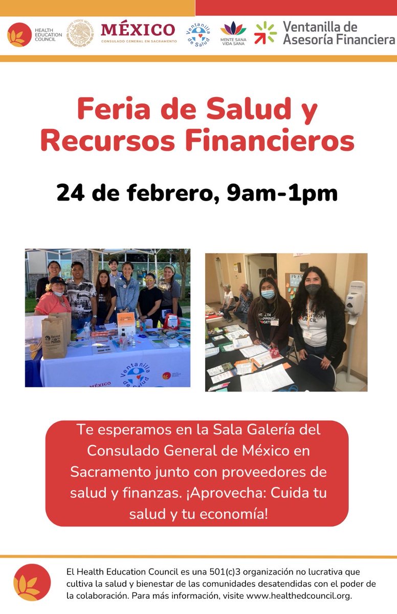 Liliana Ferrer (@lferrersilva) on Twitter photo @ConsulmexSac te invita a asistir a su 1a feria de salud y recursos financieros 2023 en el Consulado. Te esperamos este viernes 24 de febrero de 9am a 1pm.  Servicios/recursos completamente gratis. No necesitas cita. !No te lo pierdas! <a href="/IME_SRE/">IMME</a> #VDS <a href="/HealthEdCouncil/">Health Education Council</a> @ConsulmexSac te invita a asistir a su 1a feria de salud y recursos financieros 2023 en el Consulado. Te esperamos este viernes 24 de febrero de 9am a 1pm.  Servicios/recursos completamente gratis. No necesitas cita. !No te lo pierdas! <a href="/IME_SRE/">IMME</a> #VDS <a href="/HealthEdCouncil/">Health Education Council</a>