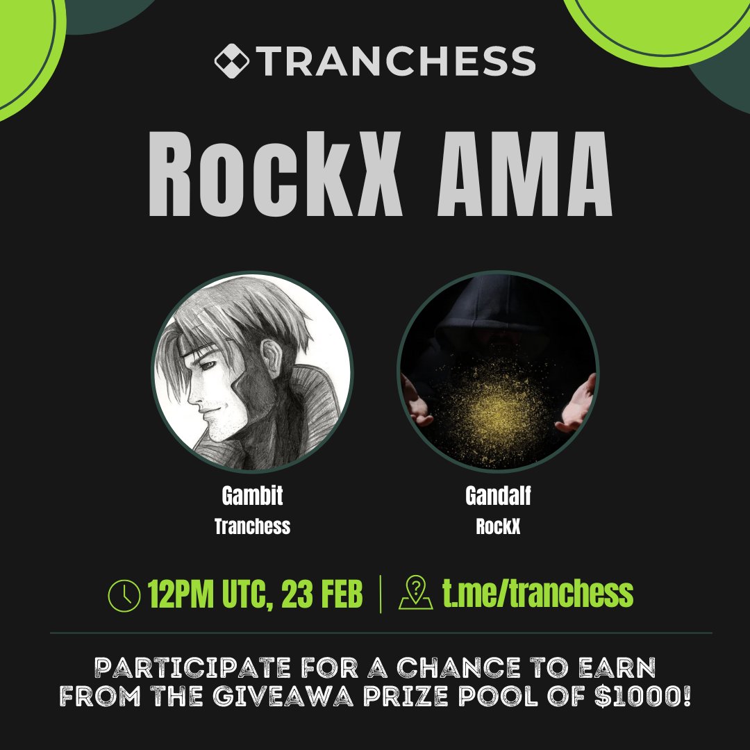 Tranchess's tweet photo. Come join us for an AMA with @rockx_official in our TG on Feb 23, 12PM UTC discussing staking, qETH &amp; more!

As part of the AMA, the RockX team will be hosting a giveaway! To participate:
1️⃣Follow @Tranchess
2️⃣Follow @rockx_official 
3️⃣Join our Telegram (https://t.co/YvHlhK0Uu7) https://t.co/m3nfGq2Shr