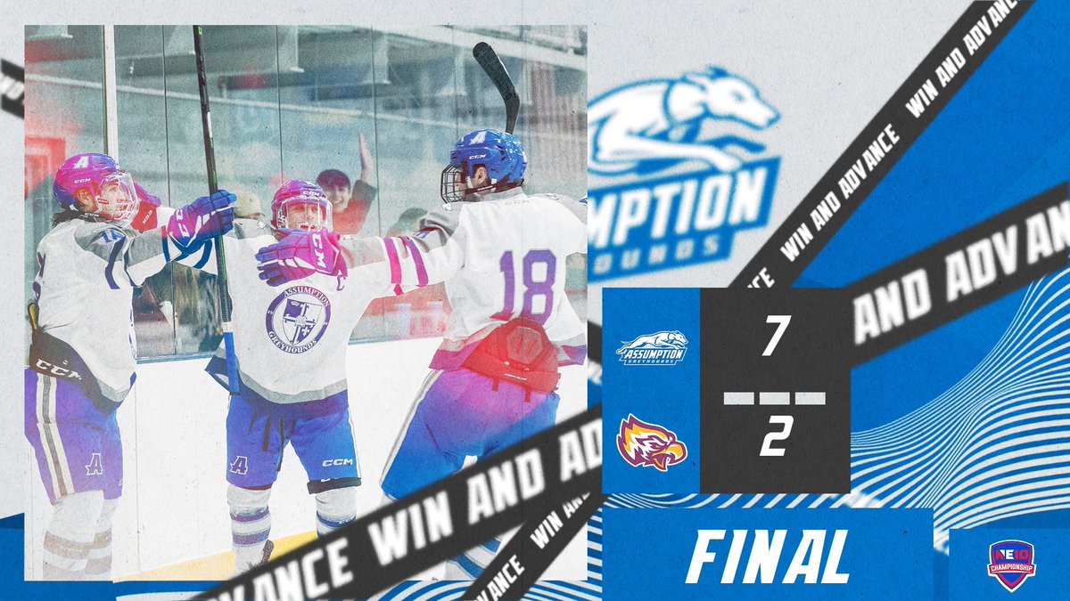 GoAssumptionU's tweet image. Men’s Ice Hockey explodes for seven goals, as 13 skaters record a point in a 7-2 NE10 First Round Win over Post 

#LetsGoHounds #HoundNation #NE10BRACE #d2hockey #d2hky