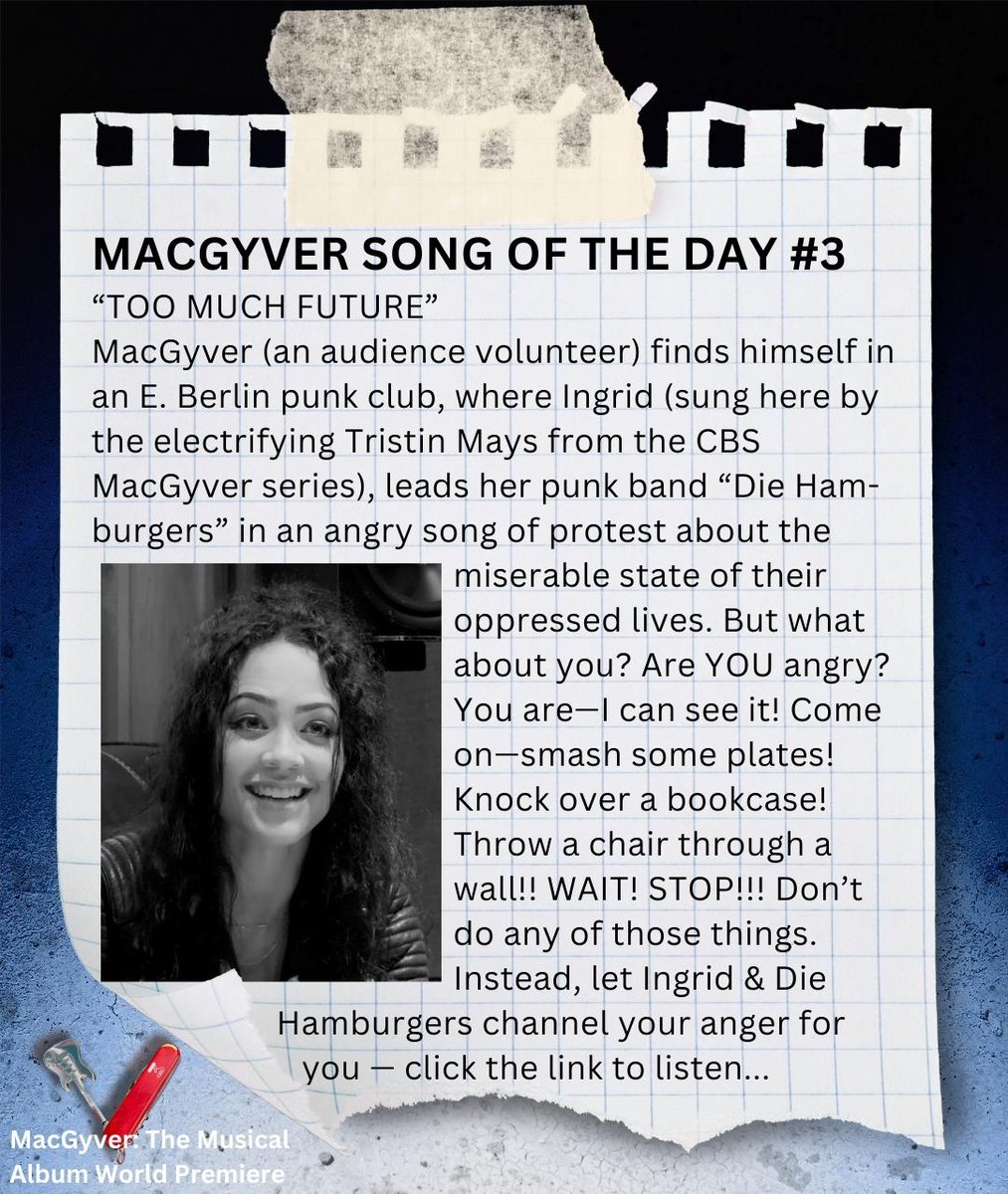 MacGyver (@macgyver) on Twitter photo MACGYVER SONG OF THE DAY #3 — “Too Much Future” ft <a href="/Trizzio/">Tristin Mays</a> open.spotify.com/track/6ErwUM48…
#MacGyver #TristinMays #MacGyverTheMusical MACGYVER SONG OF THE DAY #3 — “Too Much Future” ft <a href="/Trizzio/">Tristin Mays</a> open.spotify.com/track/6ErwUM48…
#MacGyver #TristinMays #MacGyverTheMusical