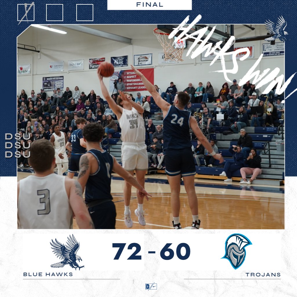 BlueHawkMBB's tweet photo. HAWKS WIN!

Four Blue Hawks finish in double figures as DSU takes down Dakota State in the NSAA Opening Round. DSU advance to take on the winner of #2 Viterbo &amp; #7 Waldorf

Egbule – 13 pts, 4 reb, 3 assists
Murphy – 12 pts, 6 reb
Haaland – 11 pts, 3 reb
Evans – 10 pts, 7 reb https://t.co/OQaXQ3ABUo
