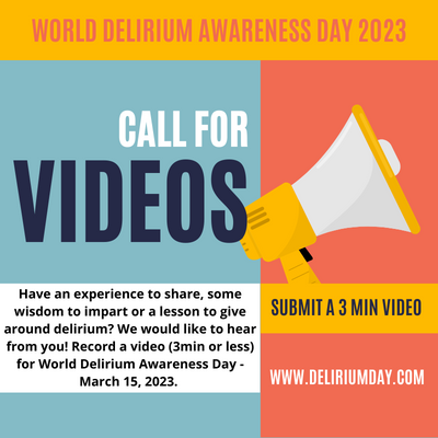 Have an experience to share, some wisdom to impart or a lesson to give around #delirium? We would like to hear from you! 

📽️ Record a video (3min or less) for World Delirium Awareness Day - March 15, 2023.  #WDAD2023

Submit here: forms.gle/9M48bSShsuYnde…