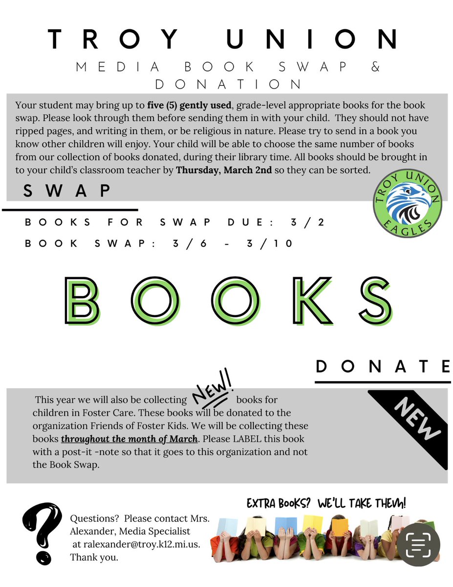 Ruba Alexander (@rralexander2) on Twitter photo Hey TU, use your day off tomorrow to look for books for our Book Swap coming up soon! Also if you are able to donate a NEW book for <a href="/FofFK/">FriendsOfFosterKids</a> , Friendsoffostercare.org we would love it! <a href="/TroyUnion/">Troy Union Elementary School</a> Hey TU, use your day off tomorrow to look for books for our Book Swap coming up soon! Also if you are able to donate a NEW book for <a href="/FofFK/">FriendsOfFosterKids</a> , Friendsoffostercare.org we would love it! <a href="/TroyUnion/">Troy Union Elementary School</a>
