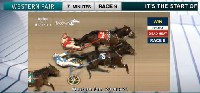 1 SPUN FROM MAGIC (G Rooney) and 5 CLOUD NINE HANOVER (T Henry) dead-heat for the win in Race 8 <a href="/TheRacewayWFD/">The Raceway</a> - PICK 3 up next!