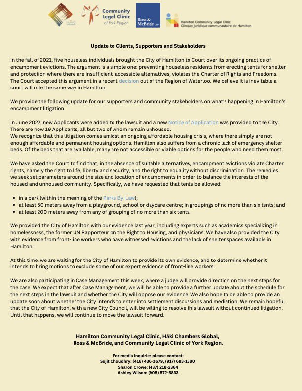 UPDATE: Statement regarding the encampment litigation #housingrights