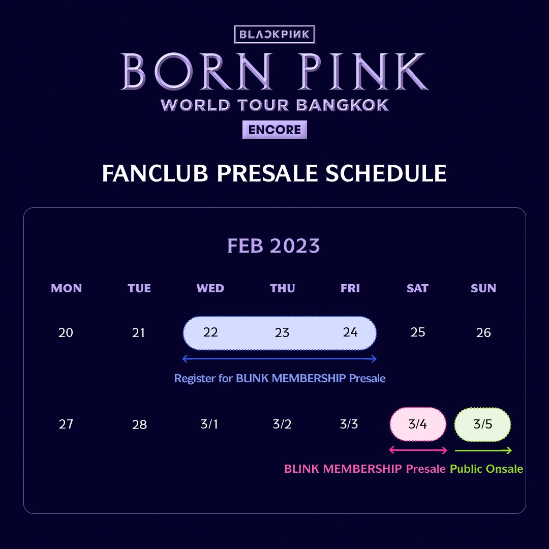 ygofficialblink's tweet photo. #BLACKPINK WORLD TOUR [BORN PINK] BANGKOK ENCORE

Presale registrations have begun for BLINK MEMBERSHIP members!🎉
Check the presale registration period now!

▶More info
https://t.co/JaGBJohu6b

#블랙핑크 #BORNPINK #BLACKPINK_WORLDTOUR #BLACKPINK_BORNPINK #BANGKOK #ENCORE #YG https://t.co/zaYe8baOar