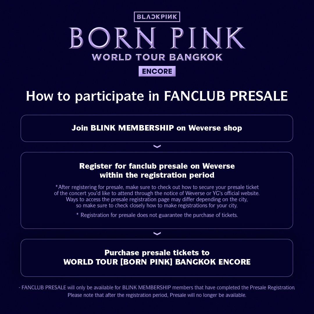 ygofficialblink's tweet photo. #BLACKPINK WORLD TOUR [BORN PINK] BANGKOK ENCORE

Presale registrations have begun for BLINK MEMBERSHIP members!🎉
Check the presale registration period now!

▶More info
https://t.co/JaGBJohu6b

#블랙핑크 #BORNPINK #BLACKPINK_WORLDTOUR #BLACKPINK_BORNPINK #BANGKOK #ENCORE #YG https://t.co/zaYe8baOar