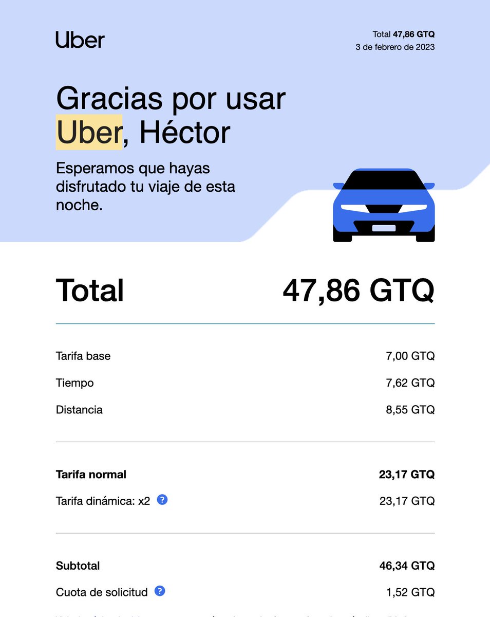 foodkool's tweet photo. Y en la factura está más clara. Cuando pides te tira Q23, pero por la tarifa dinámica me cobran el doble y esto es porque pago con tarjeta de crédito. es un robo por el cual deje de usar @Uber. https://t.co/Fej0CK8Ova