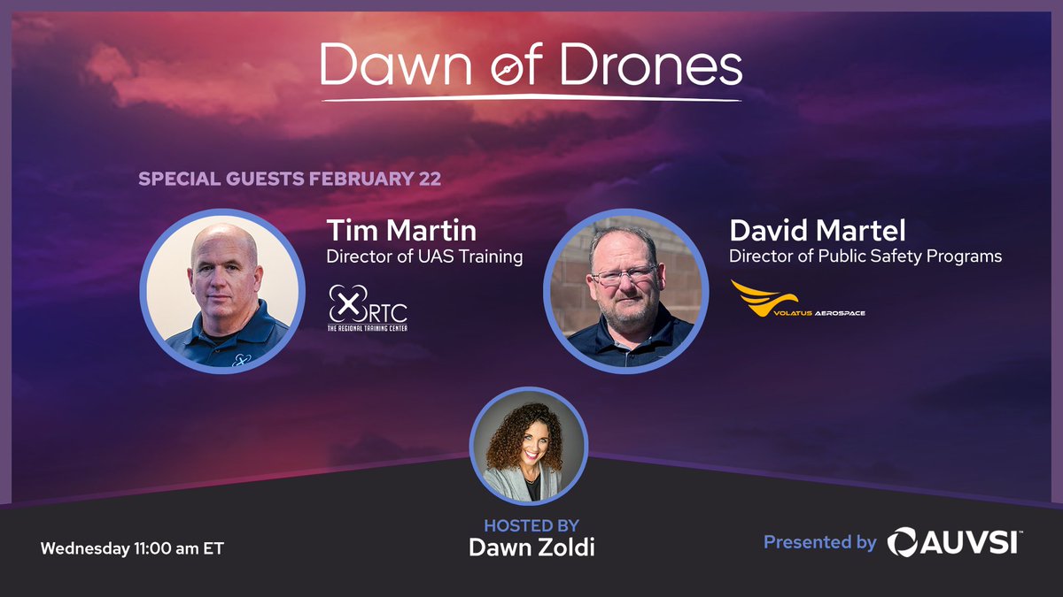 Dawnp3T's tweet photo. 🌄 Join us this today on the Dawn of Drones podcast, with special guests Tim Martin, Director of UAS Training at @Regional_TC, and David Martel, Director of Public Safety for @VolatusAero🔗 https://t.co/0XtGlZEa5F
#dawnofdrones #p3tech #tech #drones #robotics #aerospace #AUVSI https://t.co/RkOqpH2pGW