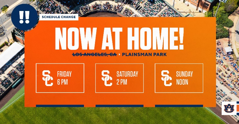AuburnBaseball's tweet photo. Cancel those travel plans...

This weekend's series vs. USC will be played at 𝗛𝗢𝗠𝗘!

#WarEagle