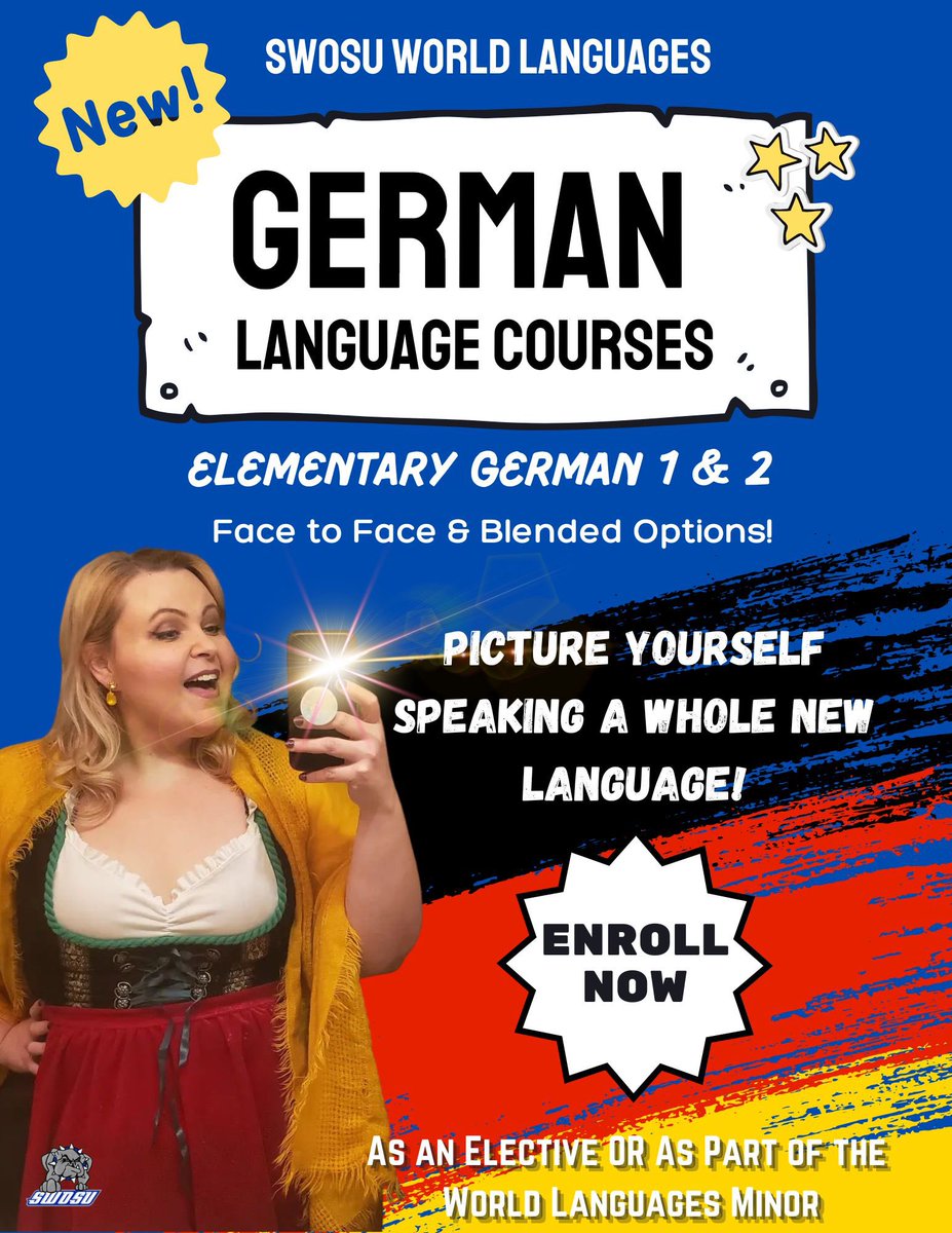 SWOSU_Lang_Lit's tweet image. We are excited to announce that Professor Jessica Salmans Meditz will be teaching German Language courses starting this Fall! Enrollment is open! 

#swosu #swosulanglit #swosuworldlanguages #swosugerman