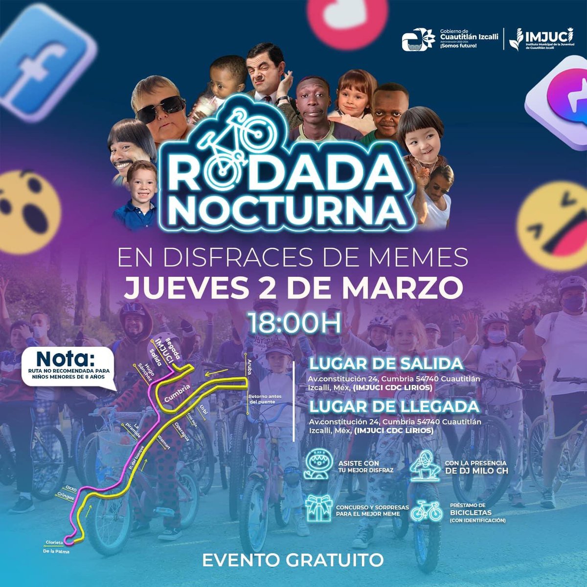 🚴🏽‍♀️⚡️🚴🏼‍♂️ Para todxs los #memelovers llega otra edición más de nuestras rodadas nocturnas #ConMásSeguridad.

📍: IMJUCI CDC Lirios 
⏰: 18:00 hrs 
🥸: Asiste con tu mejor meme 
🚴🏽‍♀️: Tendremos préstamo de bicicletas 

¡Te esperamos!✨

#RodadaNocturna | #SomosIMJUCI
