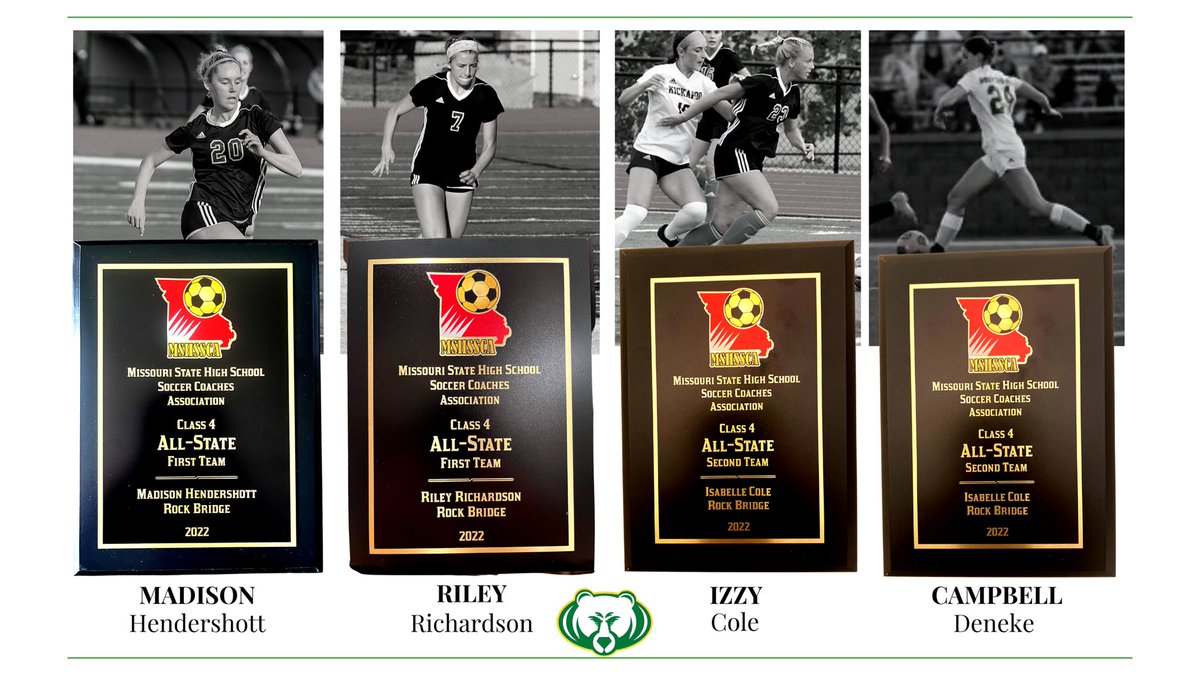 ✨These 4 received some ‘22 ALL STATE hardware this week! Thank you <a href="/MOSoccerCoach/">MOSoccerCoach</a> ! 

‘23 <a href="/madihendershott/">Madison Hendershott</a> 1st Team
‘22 <a href="/rileymichelle_r/">Riley Richardson</a> 1st Team
‘22 <a href="/izzzycolee/">izzy cole</a> 2nd Team
‘22 <a href="/campbell_deneke/">Campbell Deneke</a> Academic 

#REPROCKBRIDGE 🐻⚽️
#lastcelebrationpostfor22season 
#newseasonbeginsmonday