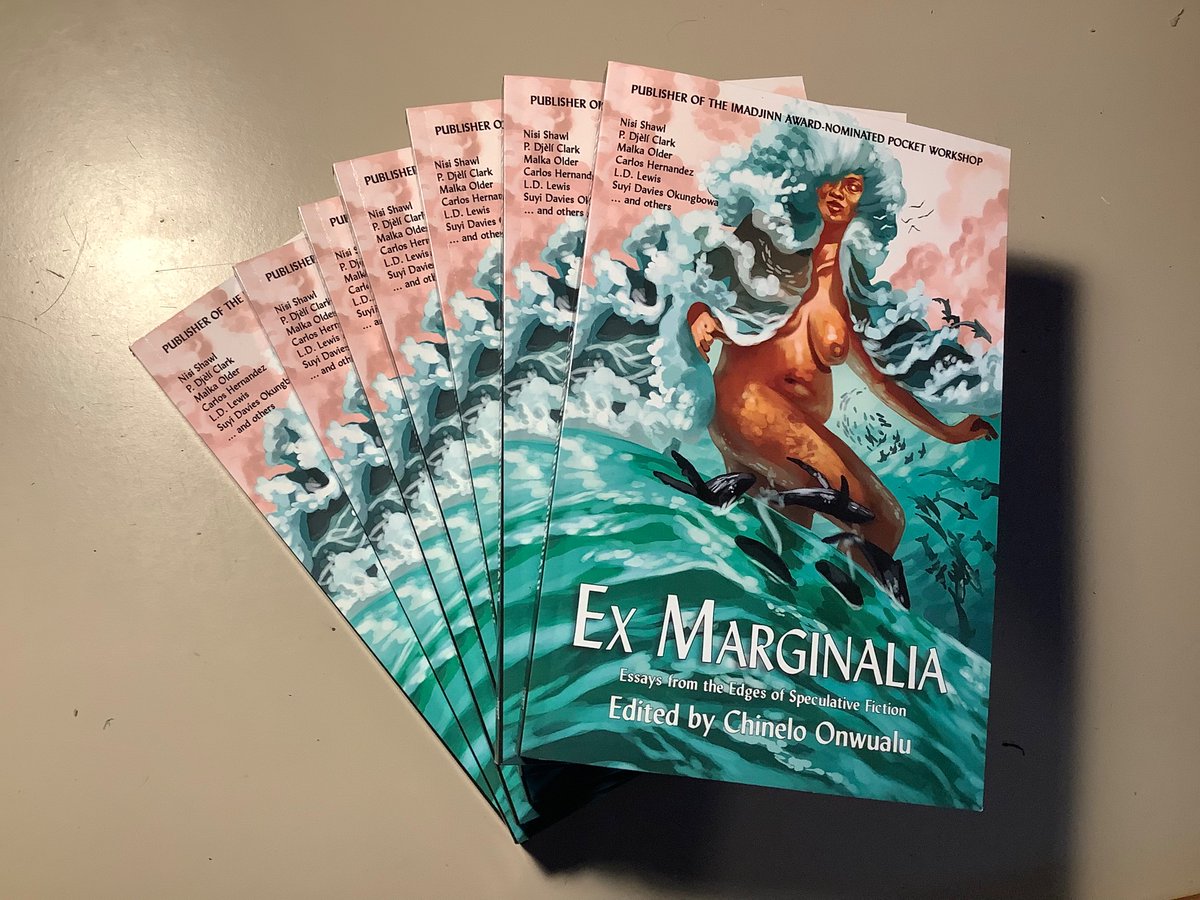 chineloonwualu's tweet photo. It’s here in the flesh - well, the paper, anyway. Grab your copy of Ex Marginalia: Essays from the Edges of Speculative Fiction, edited by yours truly and published by @BooksHydra. Pick up your copy today: https://t.co/U2xkrUPvcB https://t.co/GyqkOMehcS