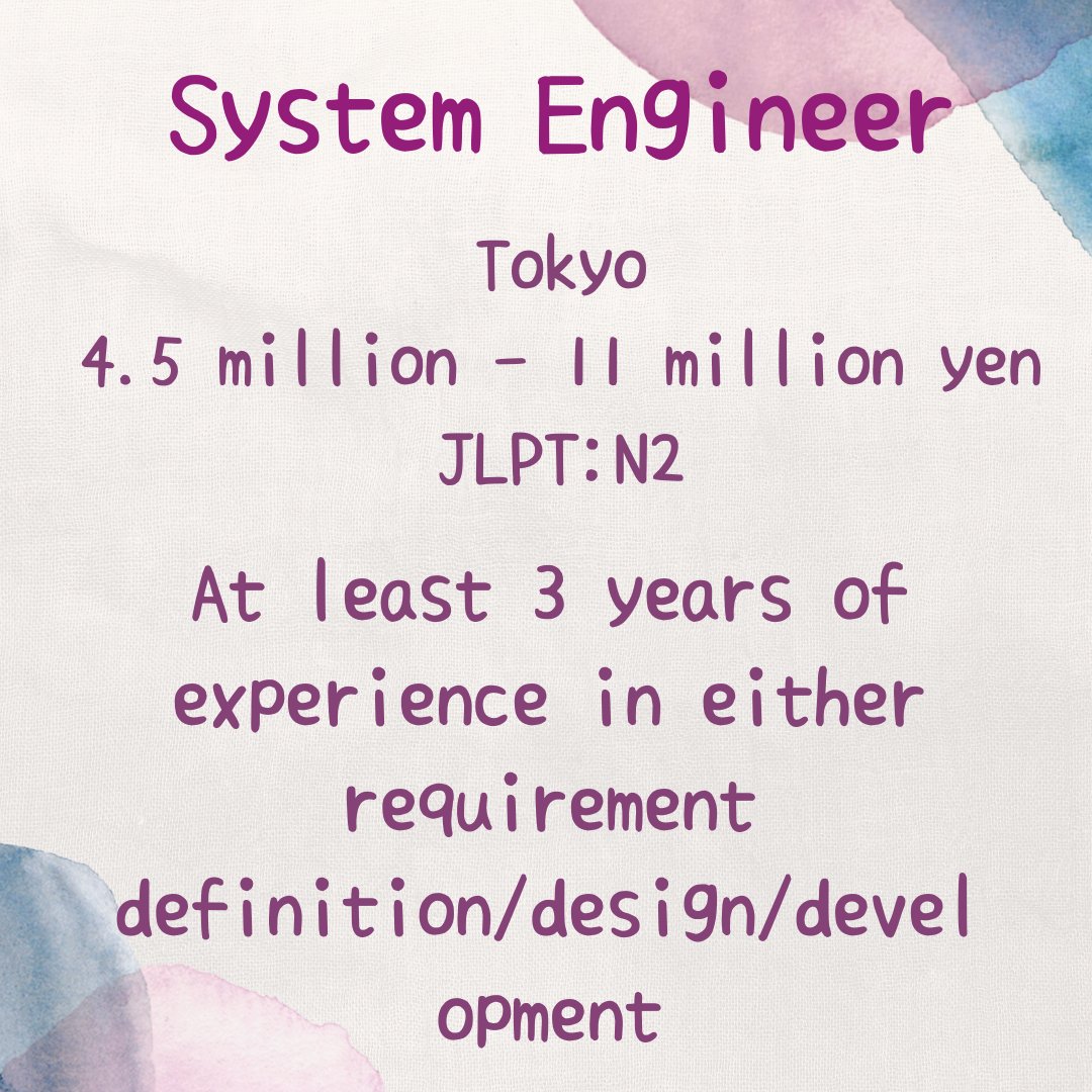 workport_GP's tweet photo. 【System Engineer】
☘Please send me message if you are interested in this position
#talentacquisition #recruitment #HR #recruitmentagency #hiring #JobsinJapan #Japan
#JLPT #JLPTN1 #JLPTN2 #Java, #PHP, #C, #C++, #C#, #VB,
#Ruby, #Python, #Javascript, https://t.co/p1PDuKmqku