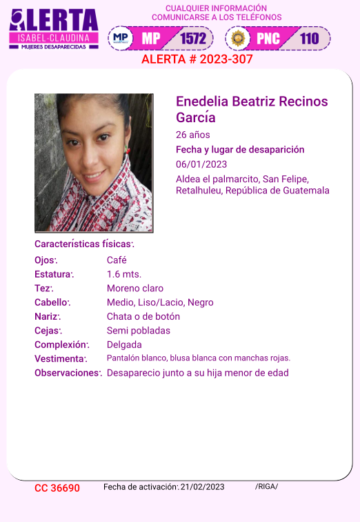 #AlertaIsabelClaudina
🚨 Ayúdenos a encontrar a

Enedelia Beatriz Recinos García 
Desapareció  el  6  de enero  de 2023
Cualquier información comunicarse al teléfono 📞 1572
Gracias por difundir esta información❗