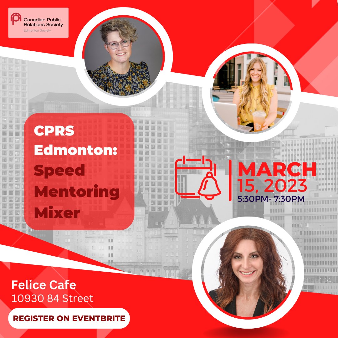 We are three weeks away from our first ever #CPRS Edmonton Speed Mentoring Mixer! Have you got your tickets yet? Trust us when we say this is one event you won't want to miss! To learn more &amp; to register, visit ➡️ bit.ly/3Eatrcy
 
#YegPr #YegComms #MacPR #NAITPR #PR