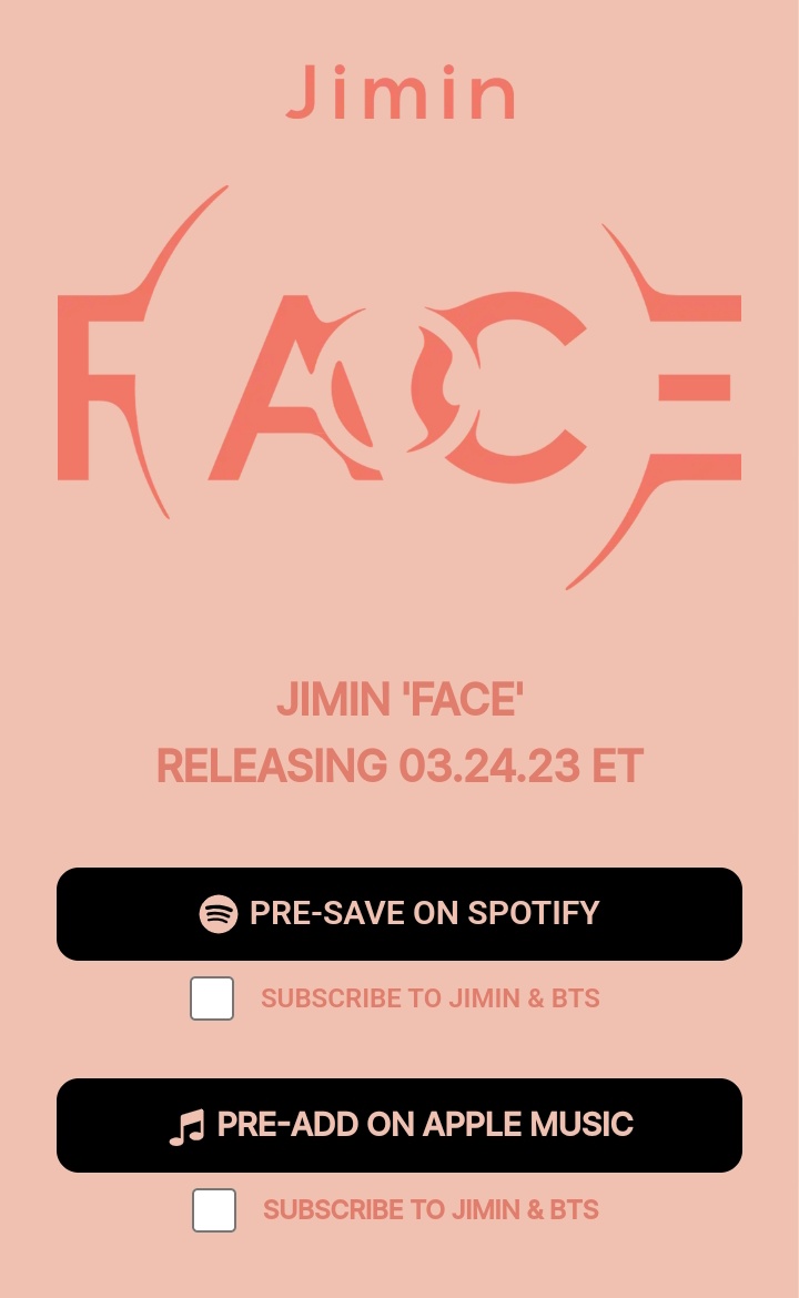 sugadboy's tweet photo. — Ya pueden pre-guardar 'FACE', el primer álbum en solitario de #JIMIN, en Spotify y Apple Music.

(https://t.co/HE6XzMcjT7

#Jimin_FACE https://t.co/1BBqRvuGx1