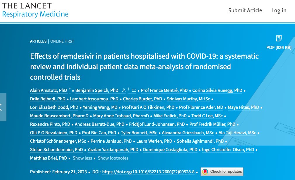 Collected and analyzed individual patient data from all major #remdesivir trials, incl. @WHO #SOLIDARITYtrial, #ACTT1, #DISCOVERYtrial among others. This #ipdma covers over 10,000 hospitalized #COVID19 patients from more than 40 countries. thelancet.com/journals/lanre…