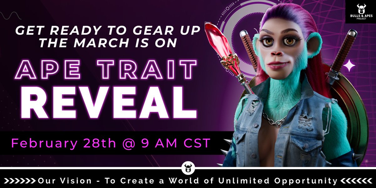 𝗝𝘂𝘀𝘁 𝗔𝗻𝗻𝗼𝘂𝗻𝗰𝗲𝗱!!

🚨Our team has gone above and beyond to make sure this Ape Reveal is ready! Join us for an unforgettable experience when we unveil our Ape trait ecosystem with an art reveal taking place on 𝗧𝘂𝗲𝘀𝗱𝗮𝘆 𝗮𝘁 𝟵𝗮𝗺 𝗖𝗦𝗧! 🧵👇