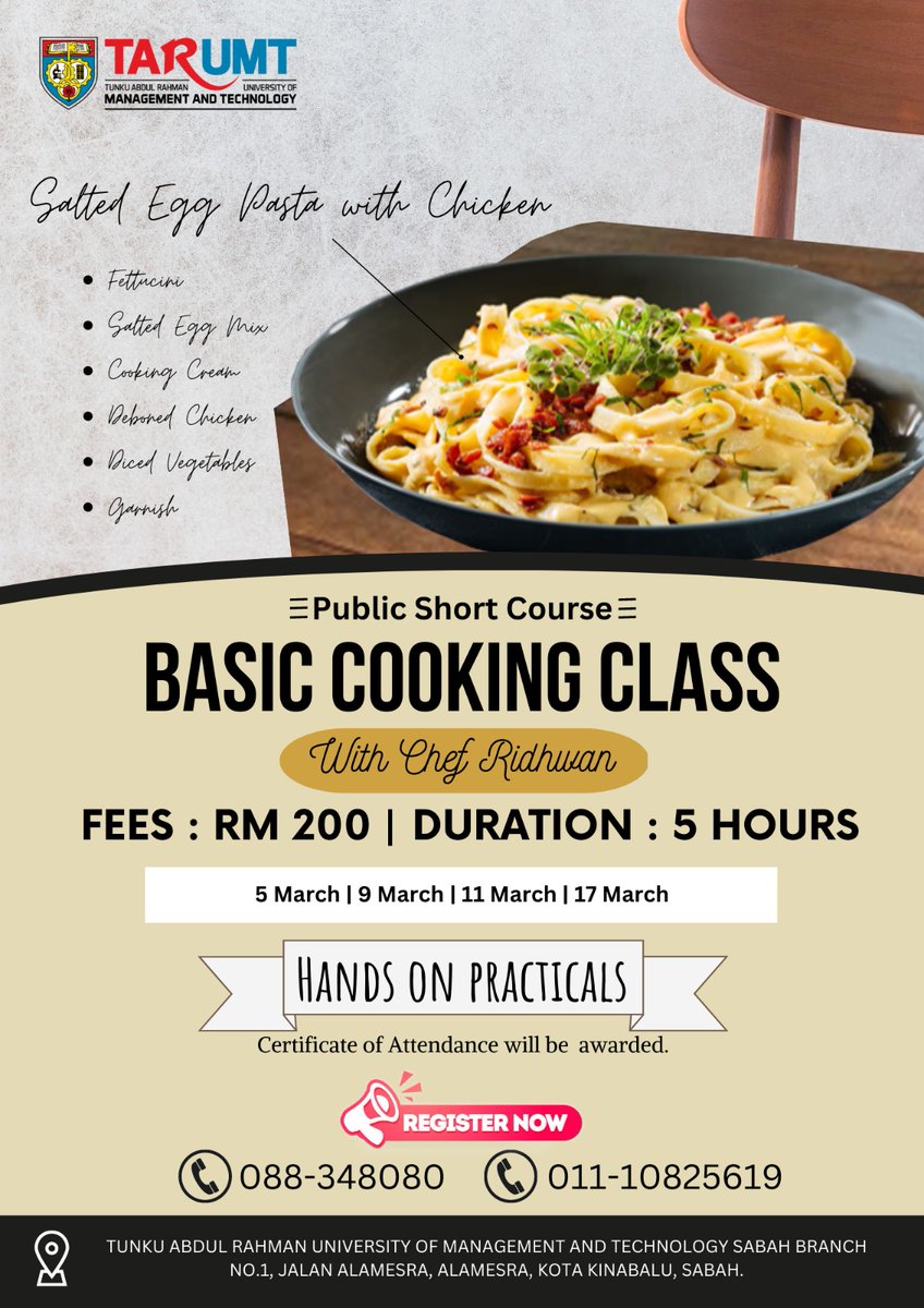 TARUMT_Sabah's tweet photo. Short Courses available at TARUMT Sabah Branch. Call 088348080 or Whatsapp to 011-10825619 for more information. #TARUMT #TARUMT_SABAH #ALAMESRA #BeyondEducation https://t.co/v9yDdaxNwP