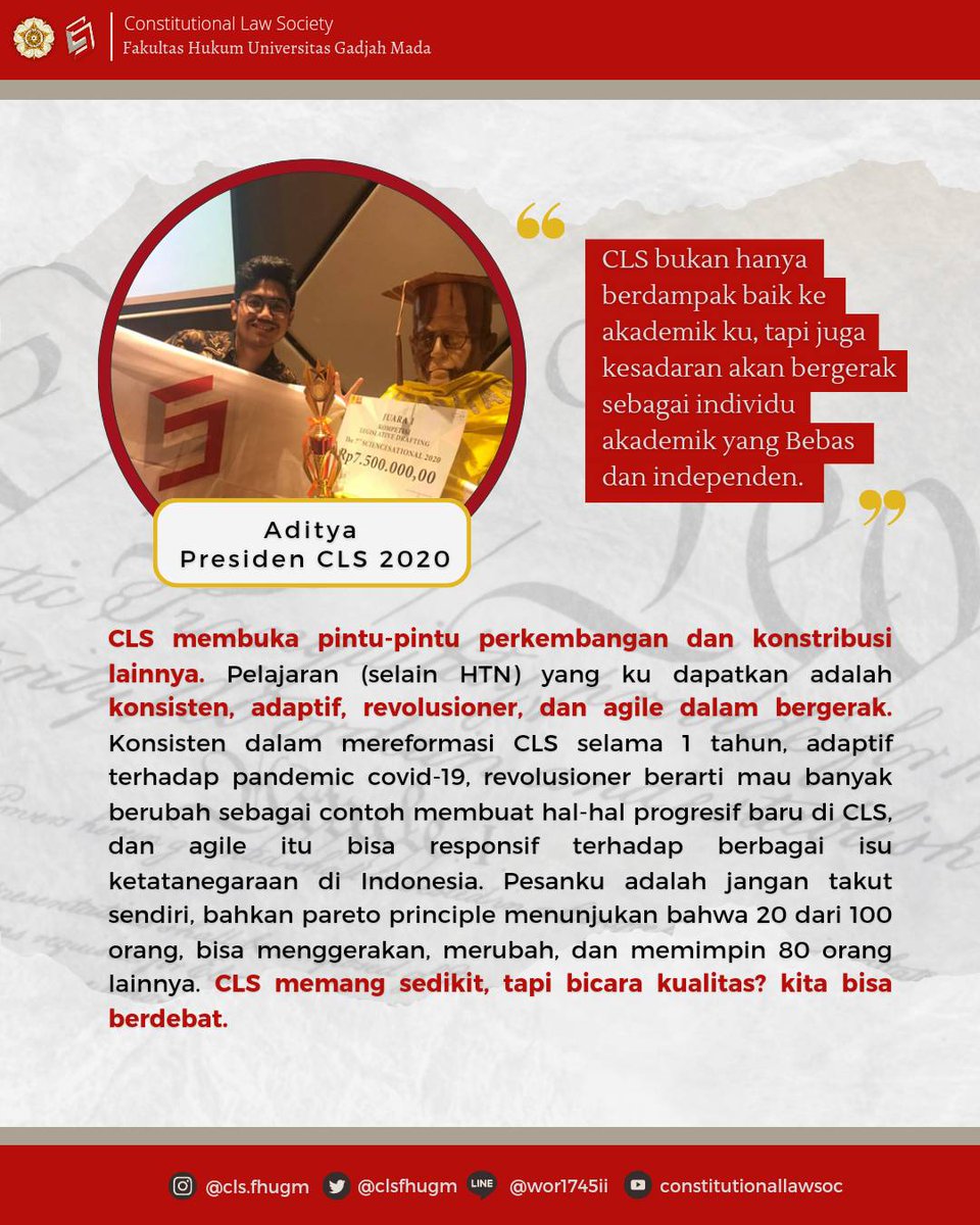 CLSFHUGM's tweet photo. MENDENGAR KATA MEREKA: Buku, Pesta dan CLS! 

Halo sobat 𝙘𝙤𝙣𝙨𝙩𝙞𝙩𝙪𝙩𝙞𝙤𝙣𝙖𝙡 𝙚𝙣𝙩𝙝𝙪𝙨! ✨
Kesempatan tidak akan datang berturut-turut, berikut ini beberapa testimoni para anggota CLS yang hebat dan luar biasa. 🙌 https://t.co/a23gX9slp2