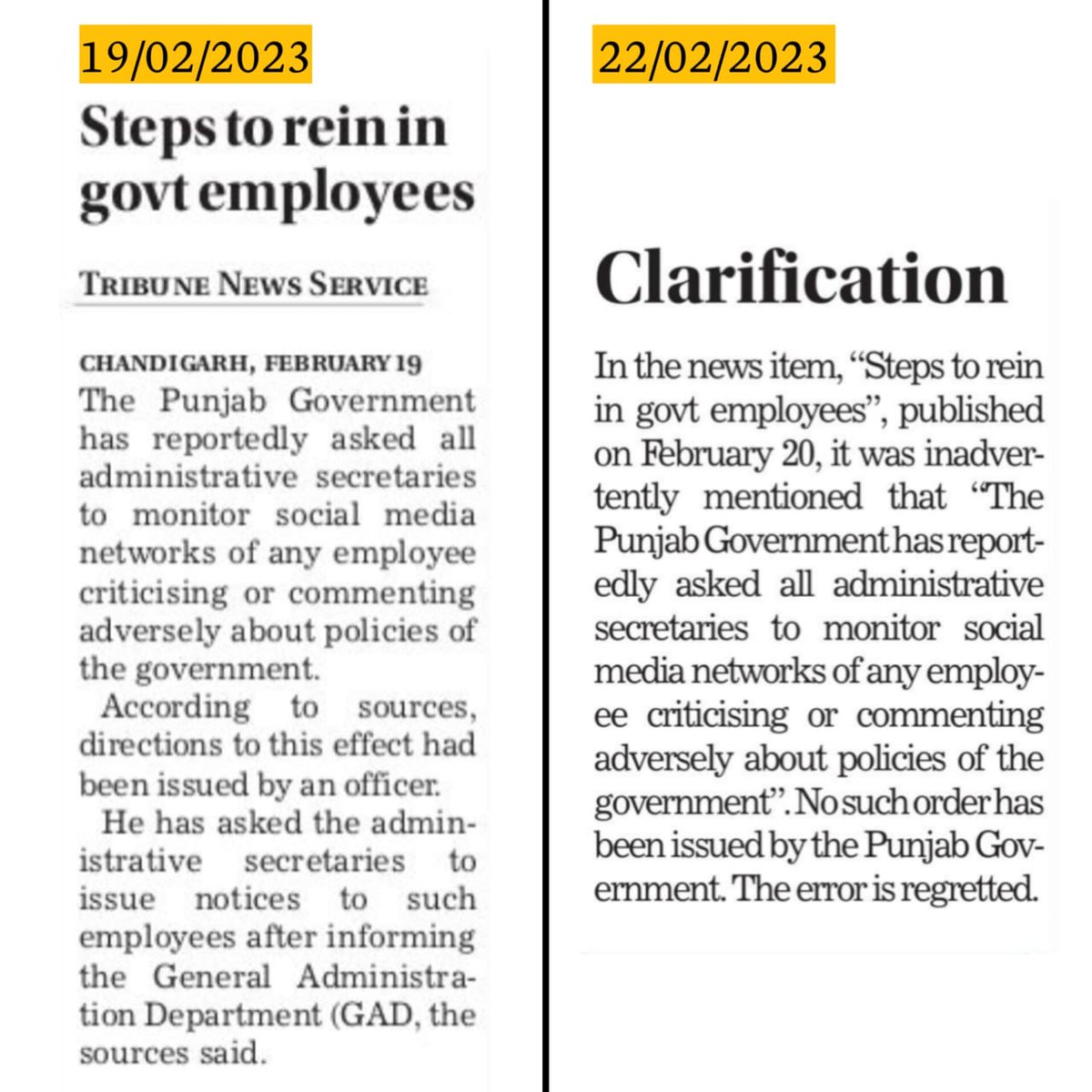 AAPPunjab's tweet photo. The power of TRUTH

"Steps to rein in govt employees" published on Feb 19
claiming that Pb Govt reportedly asked all admin secretaries to monitor social media of any employee criticising the govt policies

NO SUCH ORDER IS ISSUED BY PUNJAB GOVT

—@thetribunechd regrets the error! https://t.co/85fXZPtTwz
