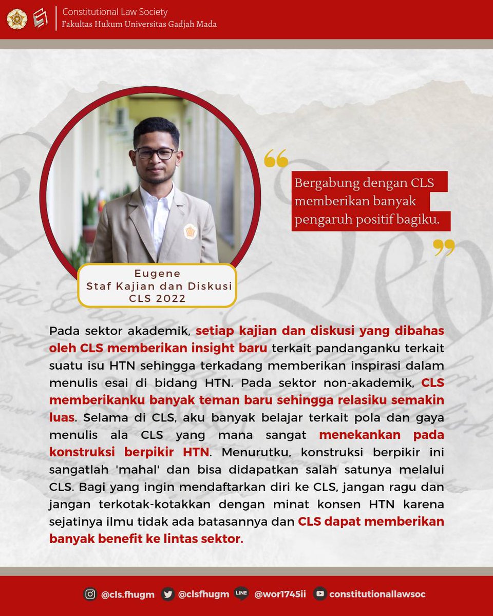 CLSFHUGM's tweet photo. MENDENGAR KATA MEREKA: Buku, Pesta dan CLS! 

Halo sobat 𝙘𝙤𝙣𝙨𝙩𝙞𝙩𝙪𝙩𝙞𝙤𝙣𝙖𝙡 𝙚𝙣𝙩𝙝𝙪𝙨! ✨
Kesempatan tidak akan datang berturut-turut, berikut ini beberapa testimoni para anggota CLS yang hebat dan luar biasa. 🙌 https://t.co/a23gX9slp2