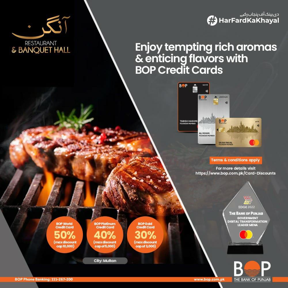 thebankofpunjab's tweet photo. Do you want to eat delicious food at a great price?
Avail up to 30%-50% discounts on BOP Credit Cards at Aangan Restaurant and Banquet Hall.
#TheBankOfPunjab #HarFardKaKhayal #BOPCards #BOPCreditCards #Discount https://t.co/NmEcECN2jZ