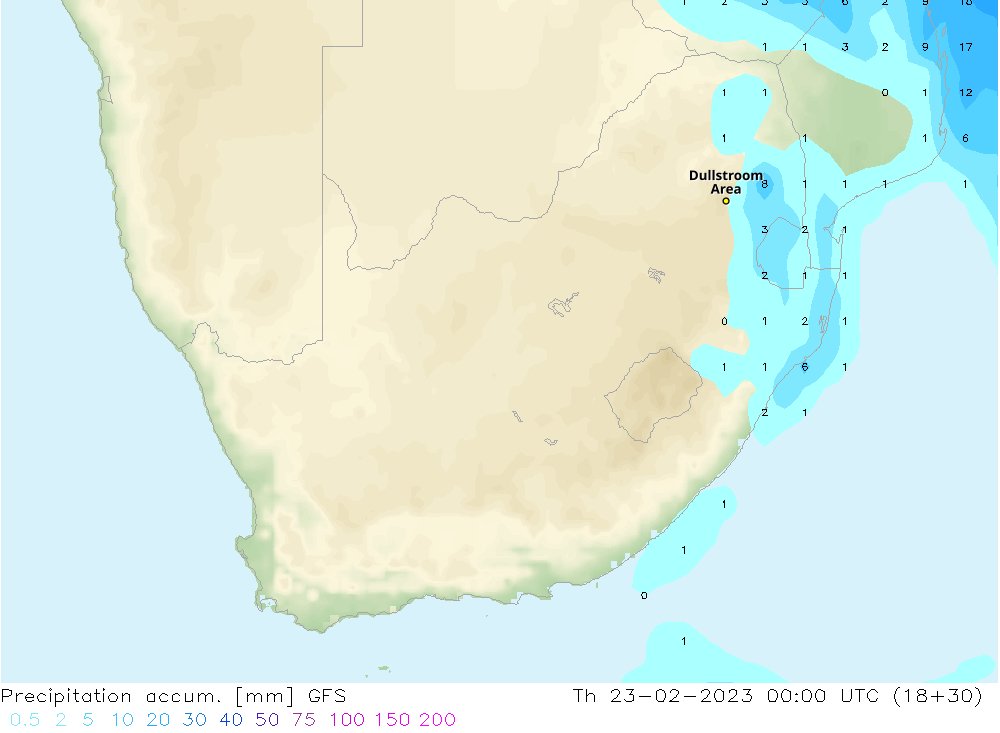 Dullsweather's tweet photo. Dullstroom 22/02: Current Global Forecast System (GFS) rainfall outlook for today. https://t.co/585i9J7T1L