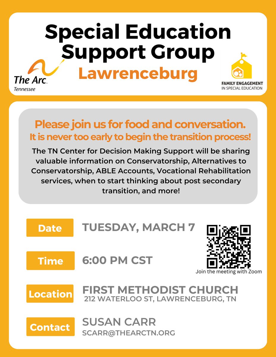 FESPED_TN's tweet image. Please join us Tuesday, March 7, for food and conversation! It is never too early to begin the transition process! The TN Center for Decision Making Support will be sharing valuable information on post secondary transition and more!
#SpecialEducationTN #TransitionPlanning