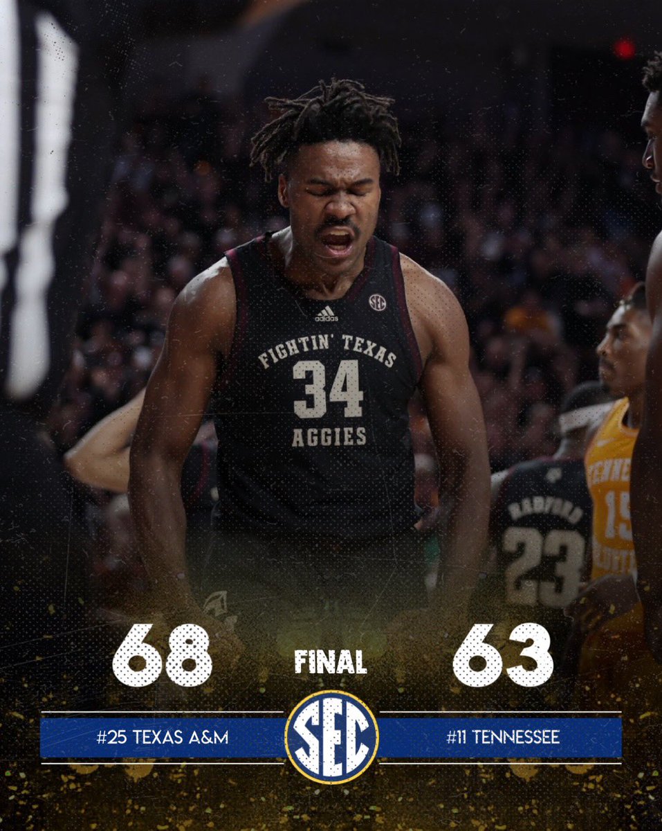 SEC's tweet photo. 🚨UPSET IN COLLEGE STATION🚨

@aggiembk is still in the hunt for a regular season title after a 68-63 win over #11 Tennessee! 

#SECMBB https://t.co/MbqVAD1dtR
